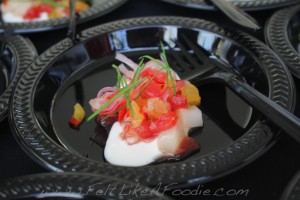 E + O Food and Drink: Smoked scallop ceviche with watermelon and a coconut cream 
