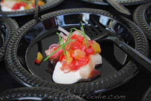 E + O Food and Drink: Smoked scallop ceviche with watermelon and a coconut cream