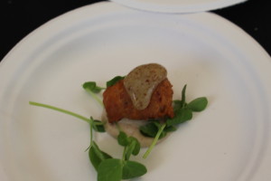 Perennial Virant: Ham croquette, pea shoots, pear mustard, pear mayo