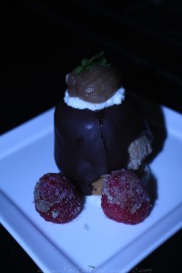 Red team: Mont Blanc chocolate dôme, chestnut cream, pastry cream, cherry, and chocolate