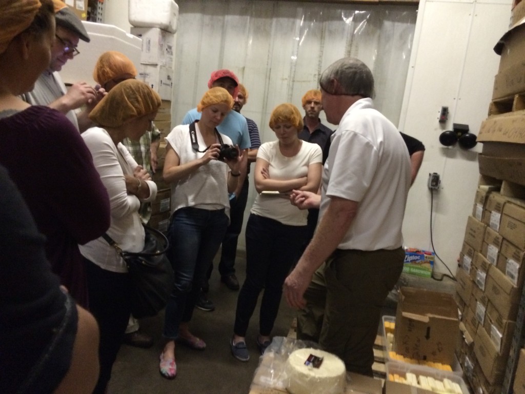 Using a cheese trier to look at the aging process of a wheel of cheese.