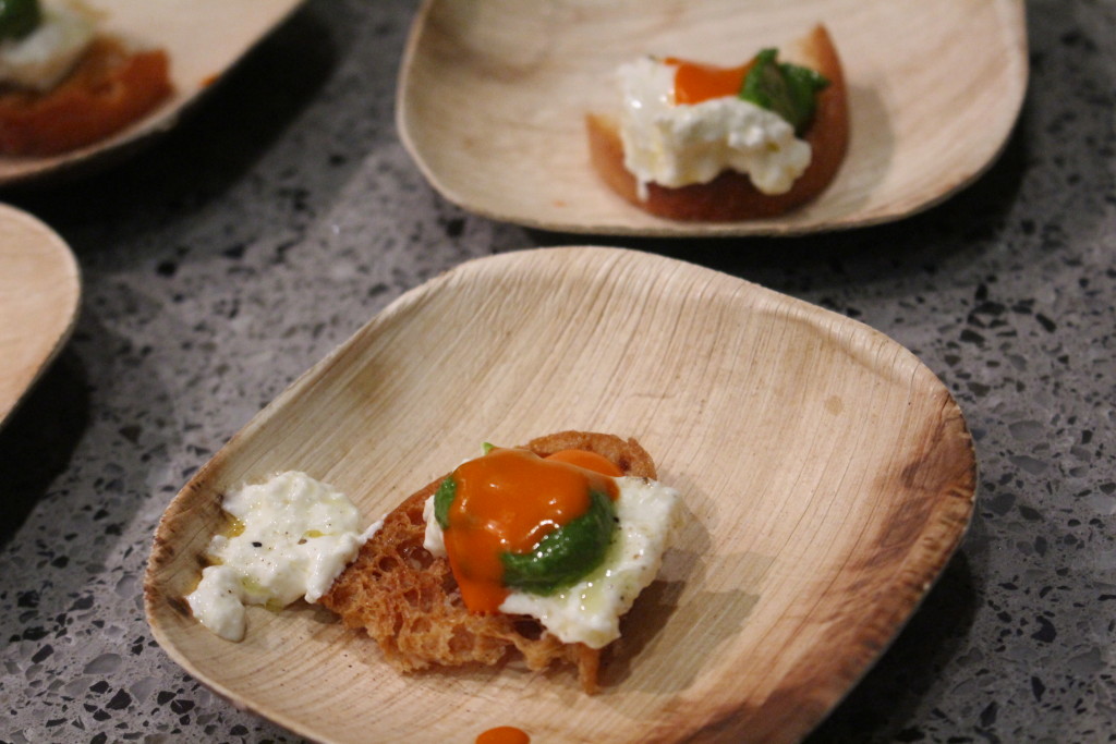 Burrata Cheese with a Calabrian chili vinaigrette and almond pesto from Wood